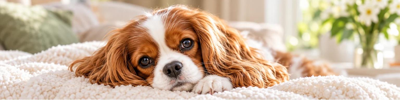 Cavalier King Charles Blenheim allongé sur un plaid crème